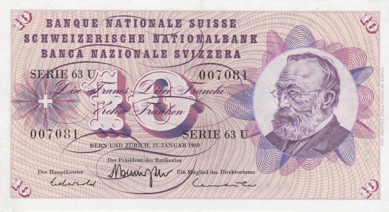 Switzerland, 10 Franken, 1969, UNC, p45o
 Serial Number: 007081
Estimate: 20-4...