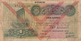 Syria, 1 Livre, 1939, FINE, p40
 Serial Number: 095427
Estimate: 50-100 USD