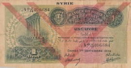 Syria, 1 Livre, 1939, FINE (+), p40e
 Serial Number: J/FB096684
Estimate: 60-120 USD