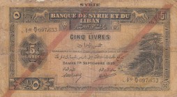 Syria, 5 Livres, 1939, FINE, p41c
 Serial Number: 097633
Estimate: 100-200 USD
