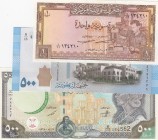 Syria, UNC, Total 3 banknotes
1 Pound, 1982, p93e; 500 Pounds, 1998, p110a; 500 Pounds, 2009, p115
Estimate: 10-20 USD