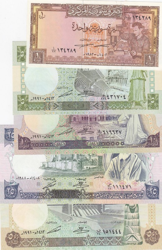 Syria, Total 5 banknotes
1 Pound, 1982, UNC, p93e; 5 Pounds, 1991, UNC, p100e; ...