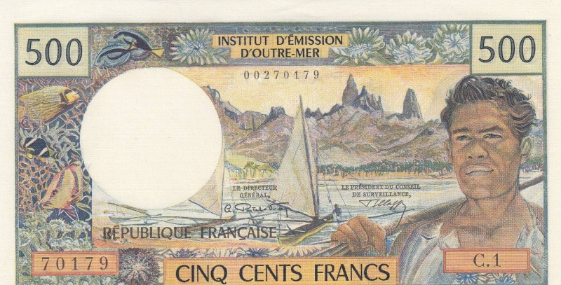 Tahiti, 500 Francs, 1970, UNC (-), p25a
 Serial Number: 00270179
Estimate: 50-...