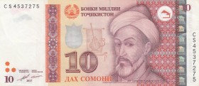 Tajikistan, 10 Somoni, 2017, XF, p16
 Serial Number: CS4537275
Estimate: 10-20 USD
