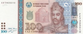 Tajikistan, 100 Somoni, 2017, UNC, p26
 Serial Number: FF 74405010
Estimate: 30-60 USD
