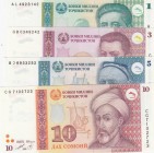 Tajikistan, Total 4 banknotes
1 Somoni, 1999, UNC, p14a; 3 Somoni, 2010, UNC, p20; 5 Somoni, 1999, UNC, p15c; 10 Somoni, 1999, UNC, p16
Estimate: 10...