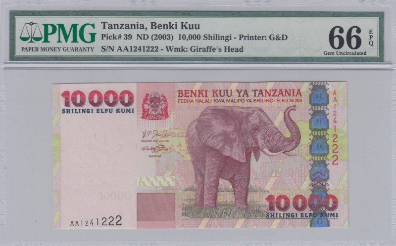 Tanzania, 10.000 Shilingi, 2003, UNC, p39
PMG 66 EPQ, Serial Number: AA1241222...