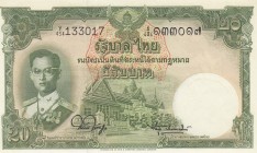Thailand, 20 Baht, 1953, AUNC, p77c
 Serial Number: Y434 133017
Estimate: 15-30 USD