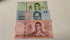 Thailand, Total 3 banknotes
20 Baht, 2018, UNC, pNew; 50 Baht, 2004, UNC, p112; 100 Baht, 2018, UNC, pNew
Estimate: 10-20 USD