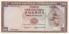 Timor, 100 Escudos, 1963, UNC (-), p28a
 Serial Number: 591443
Estimate: 20-40 USD