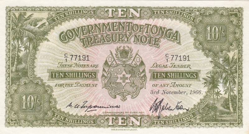 Tonga, 10 Shillings, 1966, UNC, p10e
 Serial Number: C/1 77191
Estimate: 125-2...