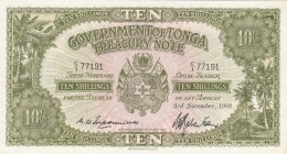 Tonga, 10 Shillings, 1966, UNC, p10e
 Serial Number: C/1 77191
Estimate: 125-250 USD