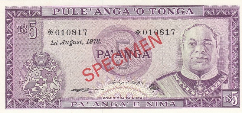 Tonga, 5 Pa'anga, 1978, UNC (-), p21s, SPECIMEN
 Serial Number: 010817
Estimat...