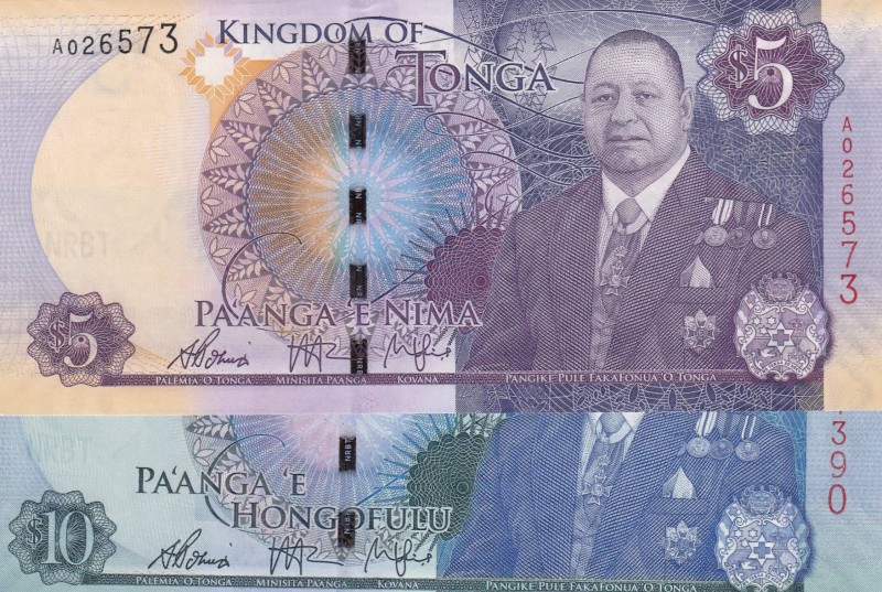 Tonga, Different 2 banknotes
5 Pa'anga, 2015, UNC, p45; 10 Pa'anga, 2015, UNC, ...