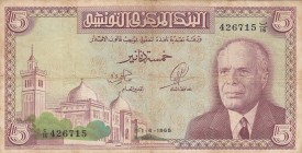 Tunisia, 5 Dinars, 1965, FINE, p64a
 Serial Number: C/16 426715
Estimate: 20-40 USD