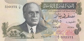 Tunisia, 1/2 Dinar, 1973, UNC, p69a
 Serial Number: A/6 532371
Estimate: 10-20 USD