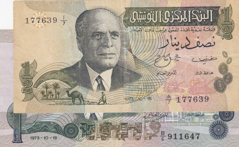 Tunisia, 1/2 Dinar and 1 Dinar, 1973, VF/ XF, p69, p70, (Total 2 banknotes)
Est...