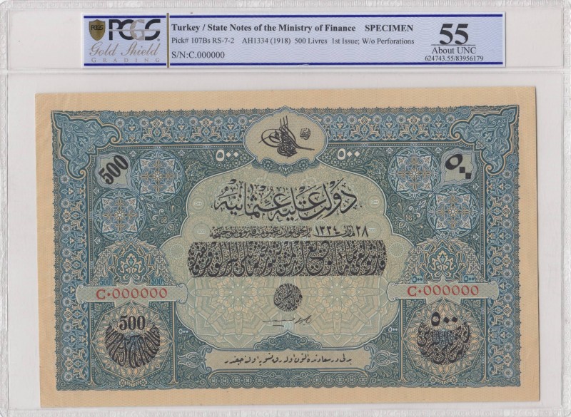 Turkey, Ottoman Empire, 500 Livre, 1918, AUNC, P107b, SPECIMEN
PCGS 55, V. Mehm...