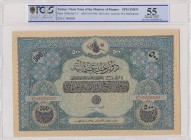 Turkey, Ottoman Empire, 500 Livre, 1918, AUNC, P107b, SPECIMEN
PCGS 55, V. Mehmed Vahdeddin period, AH: 28 March 1334, seal: Cavid / Hüseyin Cahid, S...
