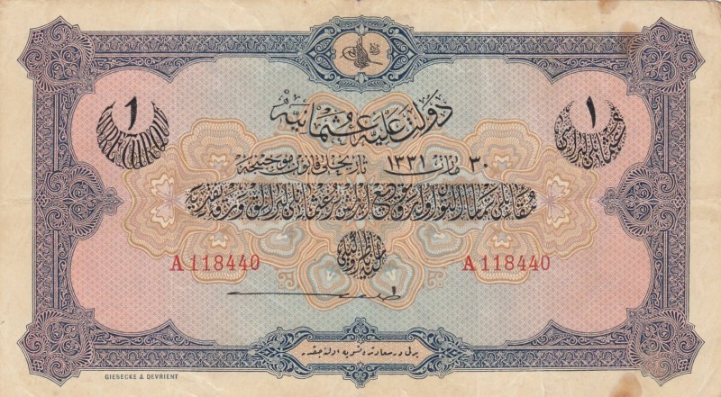 Turkey, Ottoman Empire, 1 Livre, 1915, XF (-), p69, 
V. Mehmed Reşad period, AH...