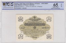 Turkey, Ottoman Empire, 5 Kurush, 1916, UNC, p87, SPECIMEN
PCGS 65 OPQ, V. Mehmed Reşad period, AH: 6 August 1332, sign: Talat/ Hüseyin Cahid, Serial...