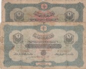 Turkey, Ottoman Empire, 1 Lira (2), 1916, POOR, p90a, Talat/ Hüseyin Cahid, (Total 2 banknotes)
V. Mehmed Reşad Period, AH: 6 August 1332, sign: Tala...