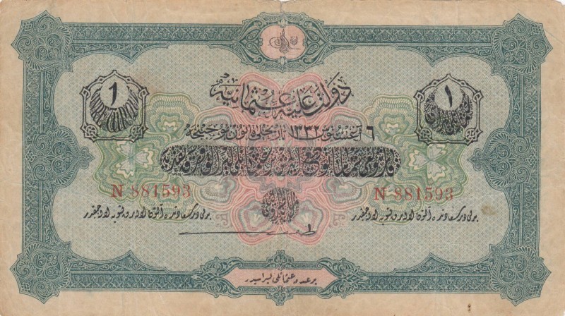 Turkey, Ottoman Empire, 1 Livre, 1916, VF, p90b, 
V. Mehmed Reşad period, AH: 6...