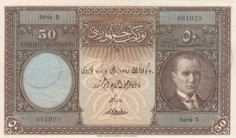 Turkey, 50 Livre, 1927, AUNC , p122, CANCELLATION HOLES FİLLED
 Serial Number: ...