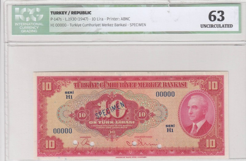 Turkey, 10 Lira, 1947, UNC, p147s, SPECIMEN
PMG 63 , Serial Number: H1 00000
E...