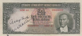 Turkey, 2 1/2 Lira, 1939, UNC, p126, SPECIMEN
there is a wet signature on the front of the banknote, Serial Number: A1 000000
Estimate: 750-1500 USD