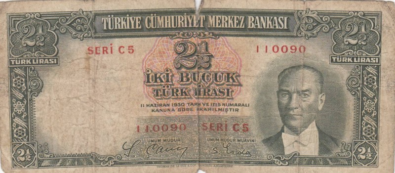 Turkey, 2 1/2 Lira, 1939, POOR, p126, 
 Serial Number: C5 110090
Estimate: 10-...