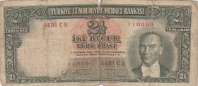 Turkey, 2 1/2 Lira, 1939, POOR, p126, 
 Serial Number: C5 110090
Estimate: 10-20 USD