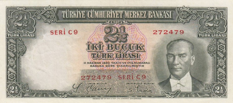 Turkey, 2 1/2 Lira, 1939, XF, p126, 
 Serial Number: C9 272479
Estimate: 250-5...