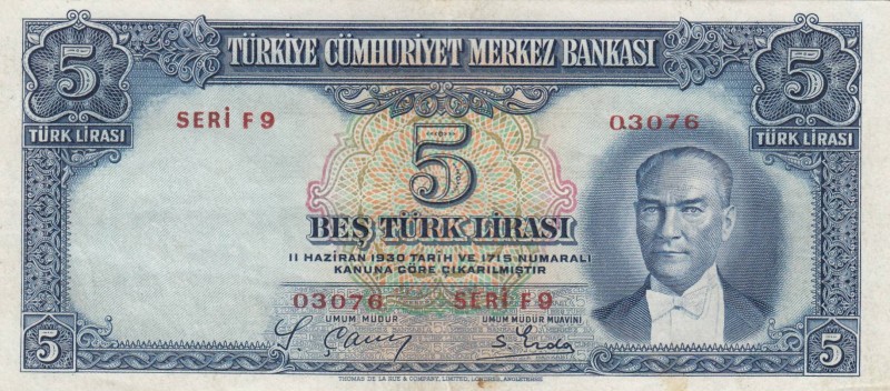 Turkey, 5 Lira, 1937, AUNC, p127, 
natural, Serial Number: F9 03076
Estimate: ...