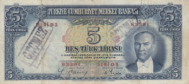 Turkey, 5 Lira, 1937, FINE, p127, 
"GEÇMEZ" stamp printed on canceled, Serial N...