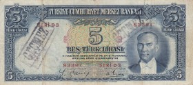 Turkey, 5 Lira, 1937, FINE, p127, 
"GEÇMEZ" stamp printed on canceled, Serial Number: D3 83391
Estimate: 50-100 USD