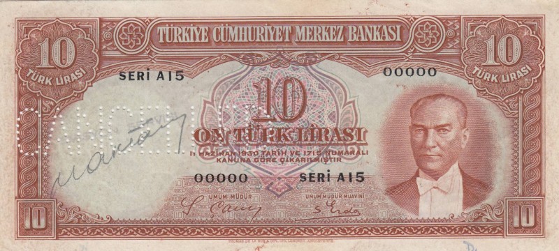 Turkey, 10 Lira , 1938, UNC, p128, SPECIMEN
there is a wet signature on the fro...