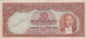 Turkey, 10 Lira , 1938, UNC, p128, SPECIMEN
there is a wet signature on the front of the banknote, Serial Number: A15 0000
Estimate: 750-1500 USD
