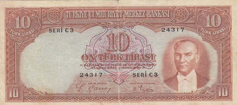 Turkey, 10 Lira, 1938, FINE, p128, pressed
There are slit at the bordure level ...