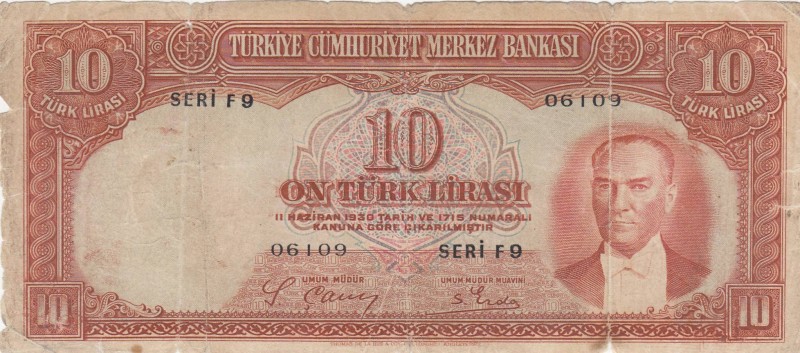 Turkey, 10 Lira, 1938, POOR, p128, 2/1 Emission
There are pinholes, Serial Numb...