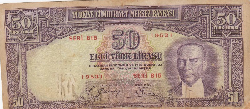 Turkey, 50 Lira, 1938, FINE, P129, 
There are pinholes, repaired, Serial Number...