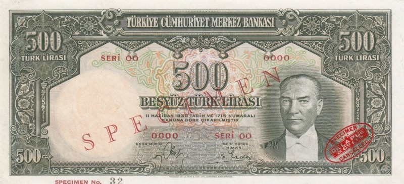 Turkey, 500 Lira, 1939, UNC, p131, SPECIMEN
 Serial Number: 00 00000
Estimate:...