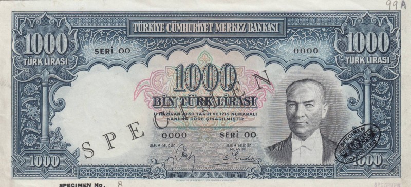Turkey, 1.000 Lira , 1939, AUNC - UNC, p132, SPECIMEN
There are no signs of fol...