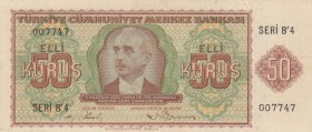 Turkey, 50 Kurush, 1944, AUNC, p134, 
pressed, Serial Number: B4 007747
Estimate: 400-800 USD