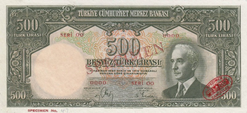Turkey, 500 Lira, 1940, UNC, p138 , SPECIMEN
 Serial Number: 00 0000
Estimate:...