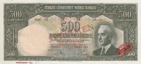Turkey, 500 Lira, 1940, UNC, p138 , SPECIMEN
 Serial Number: 00 0000
Estimate: 3000-6000 USD