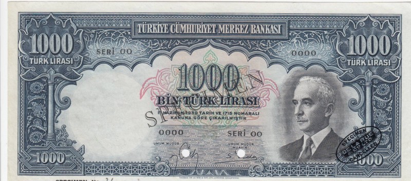 Turkey, 1.000 Lira, 1940, UNC, p139, SPECIMEN
 Serial Number: 00 0000
Estimate...