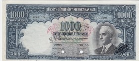 Turkey, 1.000 Lira, 1940, UNC, p139, SPECIMEN
 Serial Number: 00 0000
Estimate: 6000-12000 USD