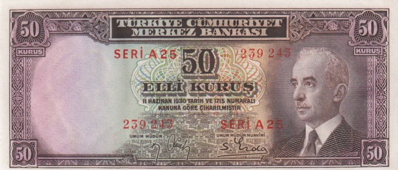 Turkey, 50 Kurush, 1942, UNC, p133, 
banknote is wavy because it comes out of t...