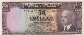 Turkey, 50 Kurush, 1942, UNC, p133, 
banknote is wavy because it comes out of the sea, Serial Number: A25 239243
Estimate: 30-60 USD
